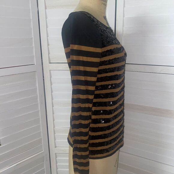 Ann Taylor Loft Sequin Striped Top Size Medium Long Sleeve Black Brown - Picture 3 of 8
